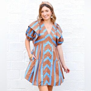 Entro Blue and Brown Striped Ruffled Mini Dress Size Large